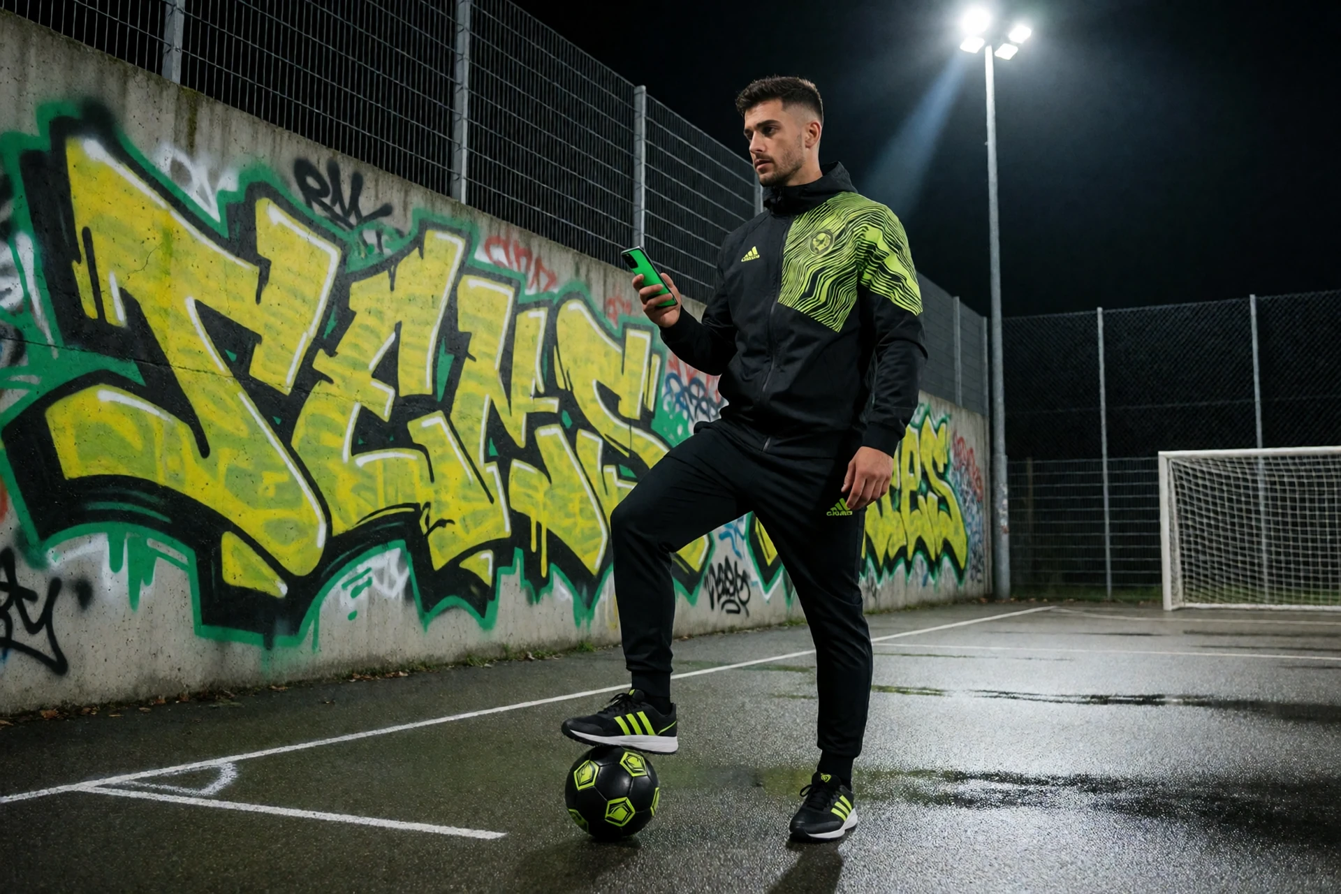 Spieler in schwarz-limefarbener Sportjacke mit Smartphone und Fu&szlig;ball auf einem Streetsoccer-Platz - Zahlungen und Auszahlungen im Zoccer Casino