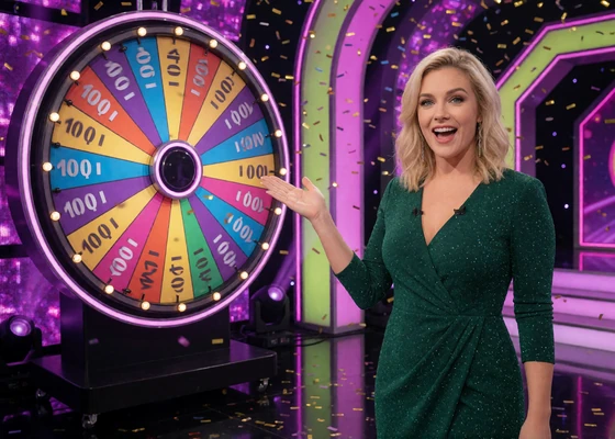 Moderatorin vor leuchtendem Gl&uuml;cksrad im TV-Studio - Game Shows und Crash Games im Zoccer Spielangebot