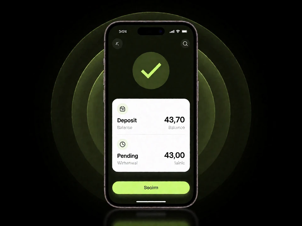 Smartphone mit Wallet-Ansicht: best&auml;tigte Einzahlung, Guthaben und ausstehende Auszahlung mit Zeitstempel im Zoccer Konto