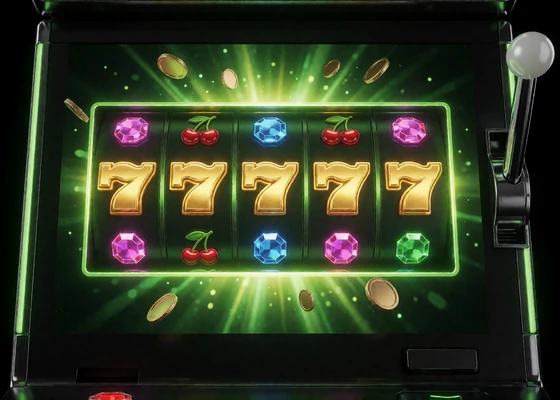 Leuchtende Slot-Walzen mit Sieben-Symbolen in Gr&uuml;n und Gold - Spielautomaten online spielen im Zoccer Casino