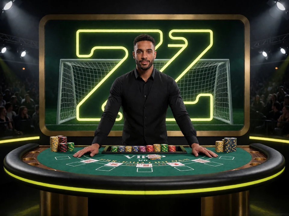 Gold-Saloon-Livebereich mit Dealer am gebrandeten VIP-Blackjack-Tisch im Zoccer Casino