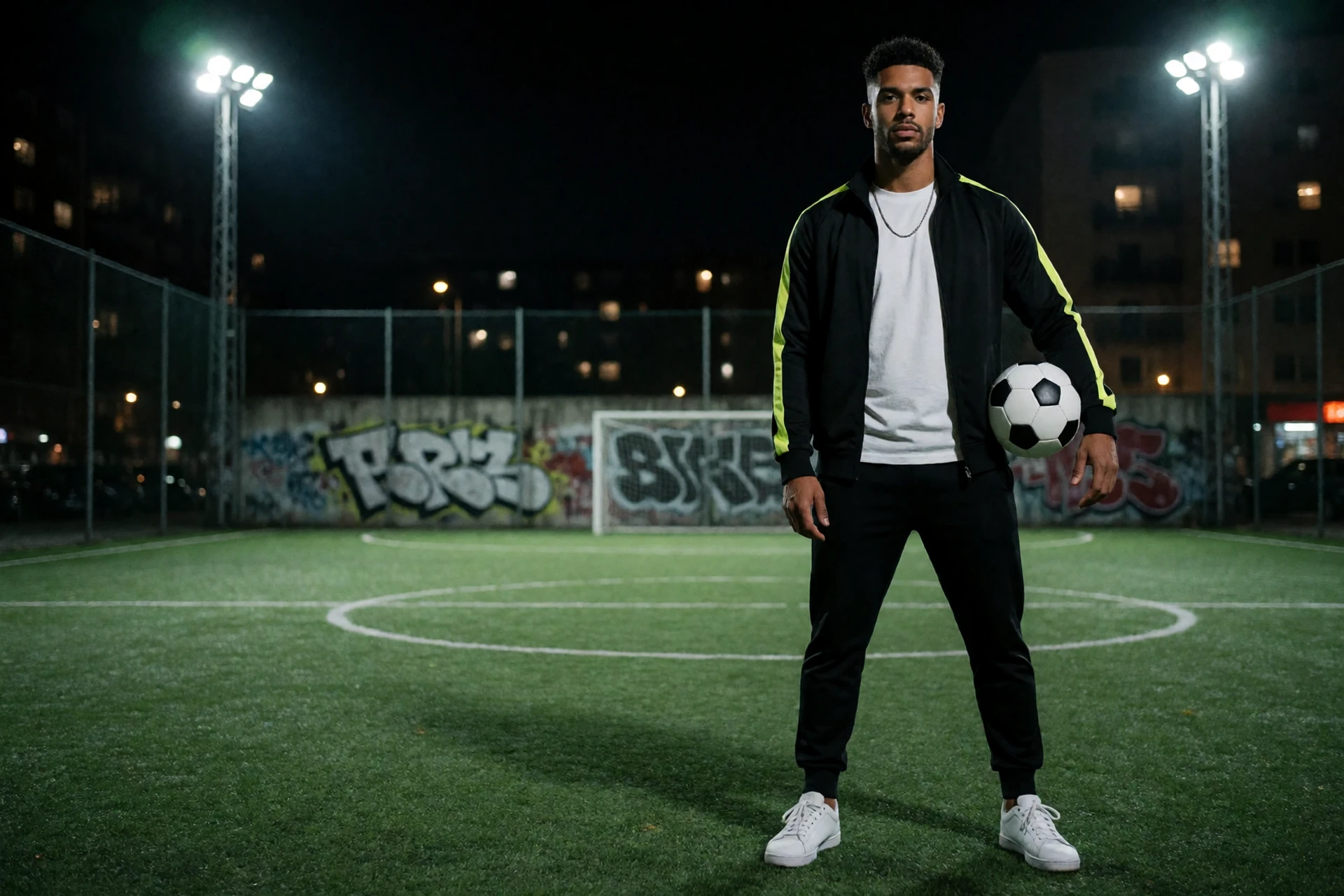 Model in Teamkleidung mit Fu&szlig;ball auf beleuchtetem Streetsoccer-Platz f&uuml;r das Zoccer Casino Deutschland