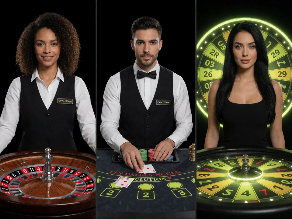 Evolution Live Casino mit Roulette-Tisch, Blackjack-Dealer und moderierter Game Show bei Zoccer