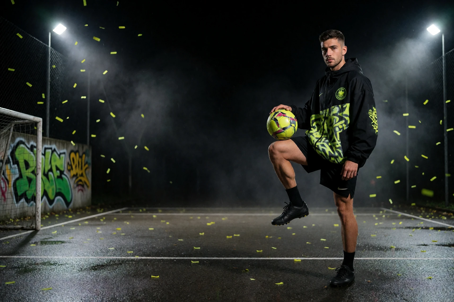 Model balanciert Fu&szlig;ball auf dunklem Streetcourt - Zoccer Casino Bonus f&uuml;r Casino, Sport und Krypto