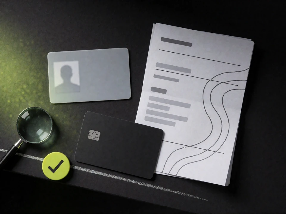 Anonymisierter Ausweis, Adressnachweis und Bankkarte auf dunklem Tisch - erforderliche Dokumente f&uuml;r die KYC-Pr&uuml;fung bei Zoccer